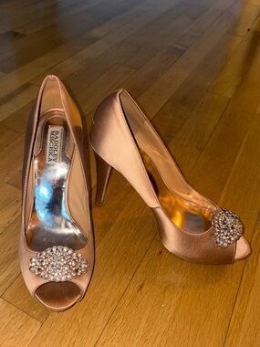 Badgley Mischka Rose Gold Satin Peep-Toe Heels with Crystal Brooch